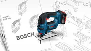 Ein blauer Bosch Professional Akku-Stichsäge auf technischem Hintergrund.