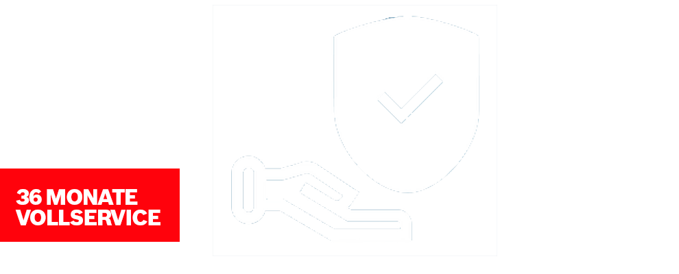 Ein Logo zeigt eine Hand und ein Schild mit Häkchen, darunter der Text "36 Monate Vollservice".