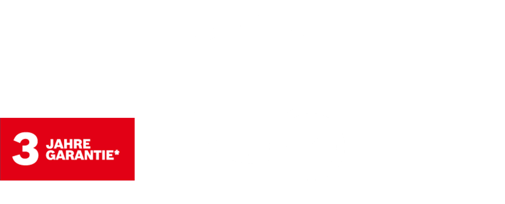Logo mit rotem Hintergrund und weißem Text "3 Jahre Garantie*"