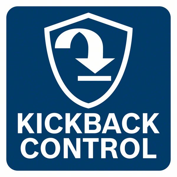 Blaues Schild mit weißem Symbol und Text "KICKBACK CONTROL".