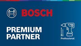 Logo von Bosch Professional mit 'Premium Partner' Schriftzug in blau und roten Farben.