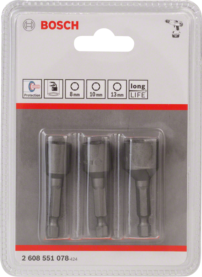 Bosch topnøgleadaptersæt 8 mm, 10 mm, 13 mm, lang levetid.