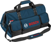 Bosch værktøjstaske med skulderrem og lommer foran.