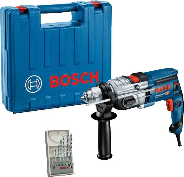 Bosch GSB 19-2 RE boremaskine med bærekuffert og borehoveder.