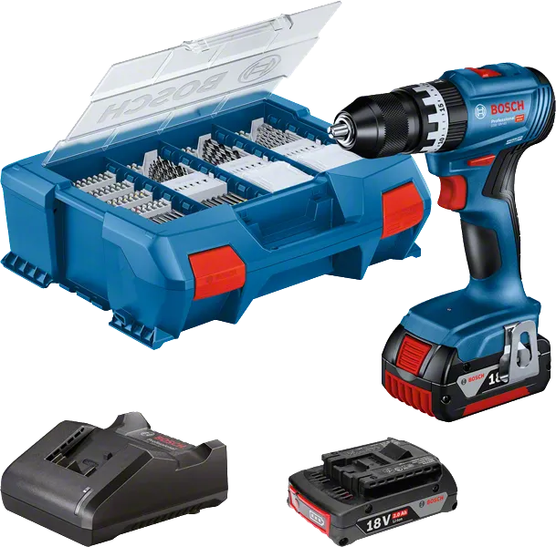Bosch GSB 18V-45 akku-boremaskinesæt med tilbehør.
