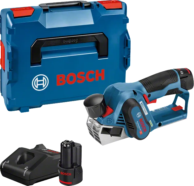 Bosch GHO 12V-20 batteridrevet høvl med kuffert og batteri.