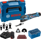 Bosch GOP 12V-28 batteridrevet multiværktøjssæt med tilbehør.