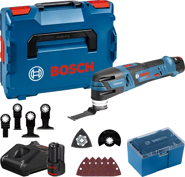 Bosch GOP 12V-28 batteridrevet multiværktøjssæt med tilbehør.
