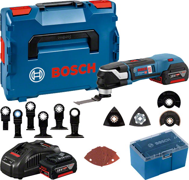 Bosch GOP 18V-28 batteridrevet multiværktøjssæt med tilbehør.
