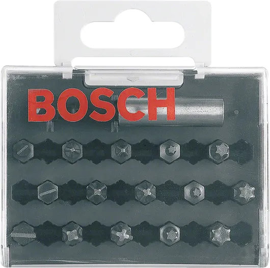 Bosch skruetrækkerbitsæt med assorterede hoveder i kuffert.