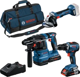 Bosch 18V kombisæt med boremaskine, borehammer, vinkelsliber, oplader og taske.