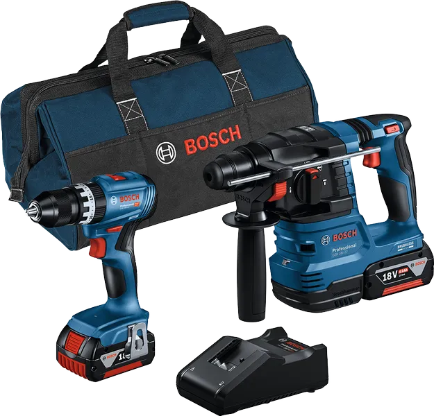 Bosch 18V kombisæt med boremaskine, borehammer, oplader og taske.