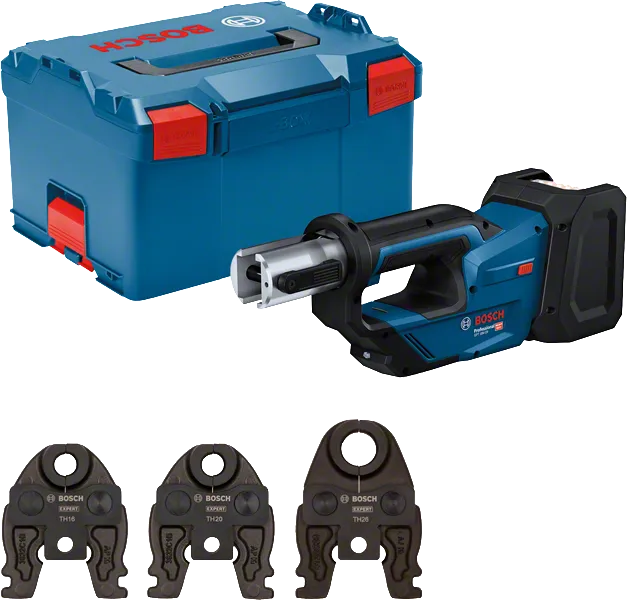 Bosch 18V-19 batteridrevet rørpresseværktøj med kuffert og kæber.