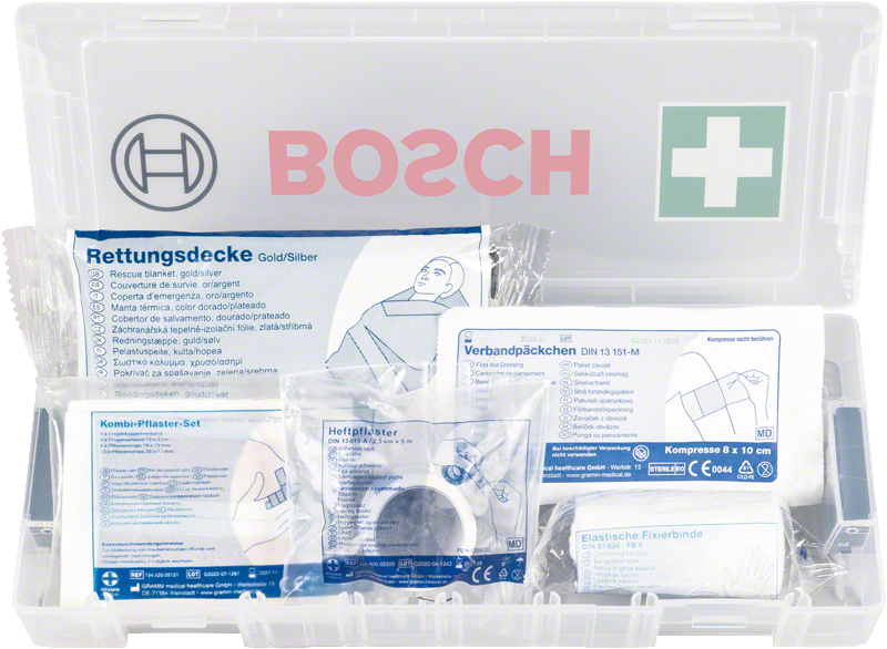 Bosch L-Boxx Micro førstehjælpskit med åbent medicinsk udstyr.