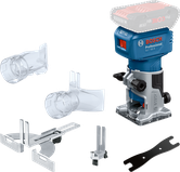 Bosch GLF 18V-8 batteridrevet laminattrimmer med tilbehør.