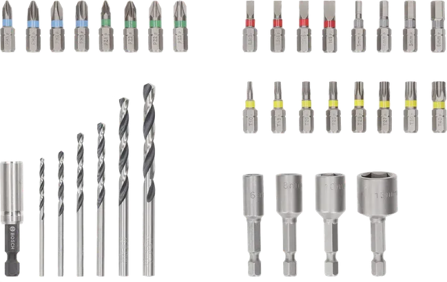 Bosch ekstra hårdt skruetrækkerbits og metal HSS-boresæt, display med 35 dele.