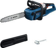 Bosch GKE 18V-40 batteridrevet motorsav med dæksel og værktøj.