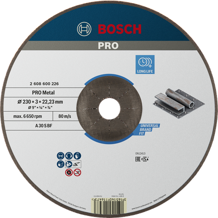 Bosch PRO Metal Bonded skæreskive 230 mm med lang levetid.