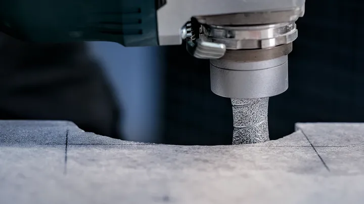 Diamantborehoved skærer en buet rille i en betonoverflade.