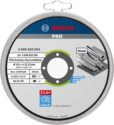 Bosch PRO 115×1×22,23 mm skæreskive i rustfrit stål.