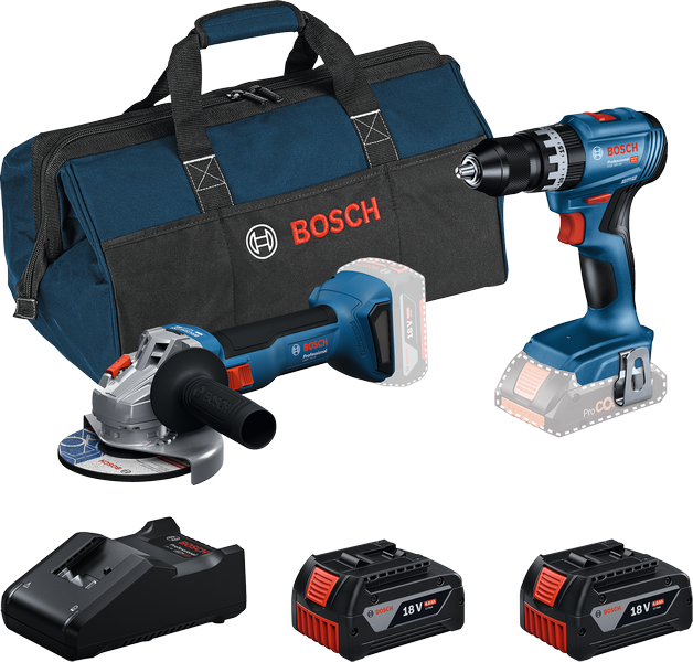 Bosch 18V kombisæt med boremaskine, vinkelsliber, oplader, batterier og taske.
