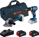 Bosch 18V kombisæt med boremaskine, vinkelsliber, oplader, batterier og taske.