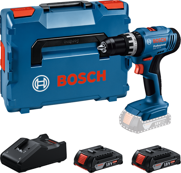 Bosch GSB 18V-25 akku-boremaskinesæt med kuffert og batterier.