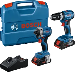 Bosch 18V 2-værktøjssæt med boremaskine, slagnøgle og kuffert.