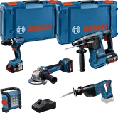 Bosch 18V 5-værktøjssæt med kufferter og oplader.
