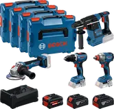 Bosch 18V kombisæt med 4 værktøjer, kufferter og batterier.