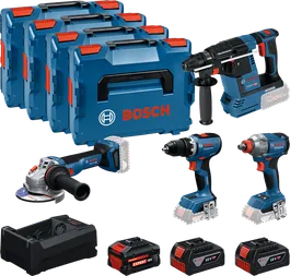 Bosch 18V kombisæt med 4 værktøjer, kufferter og batterier.