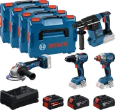 Bosch 18V kombisæt med 4 værktøjer, kufferter og batterier.