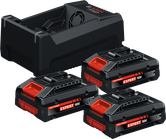 Bosch oplader med tre batterier.