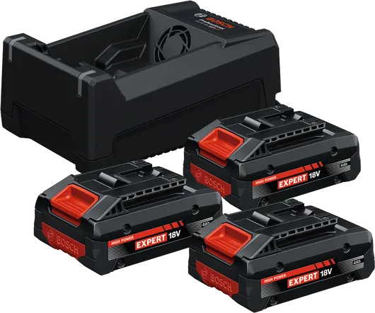 Bosch oplader med tre batterier.