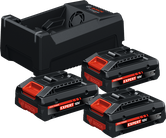 Bosch oplader med tre batterier.