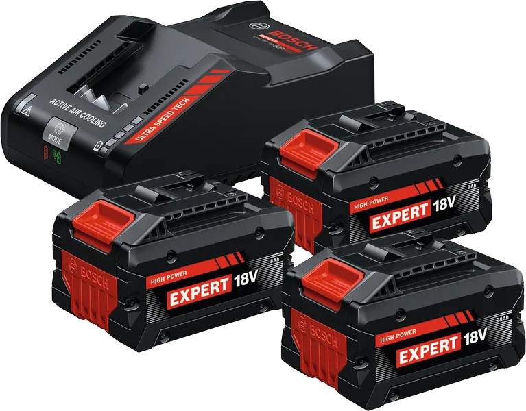 Bosch oplader med tre batterier.