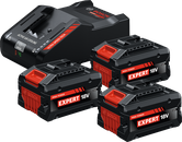 Bosch oplader med tre batterier.