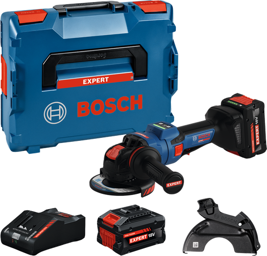 Bosch akku-vinkelslibersæt med kuffert og tilbehør.