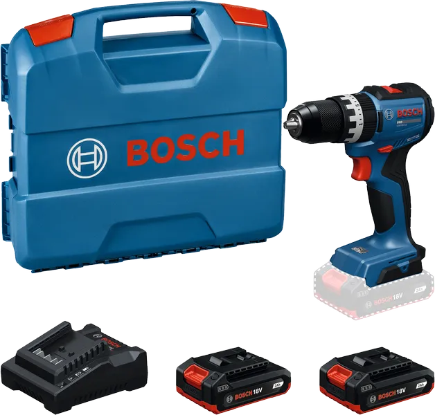 Bosch GSB 18V-52 akku-boremaskinesæt med kuffert og batterier.