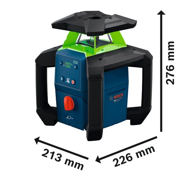 Bosch GRL18V-4-34CVG lasernivelleringsværktøj med dimensioner.