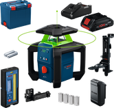 Bosch GRL18V-4-34CVG lasernivelleringsværktøj med tilbehør.