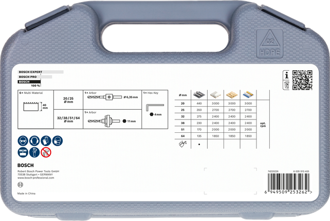 Bosch Multi Material gevindhulsavsæt, kuffert med specifikationer.