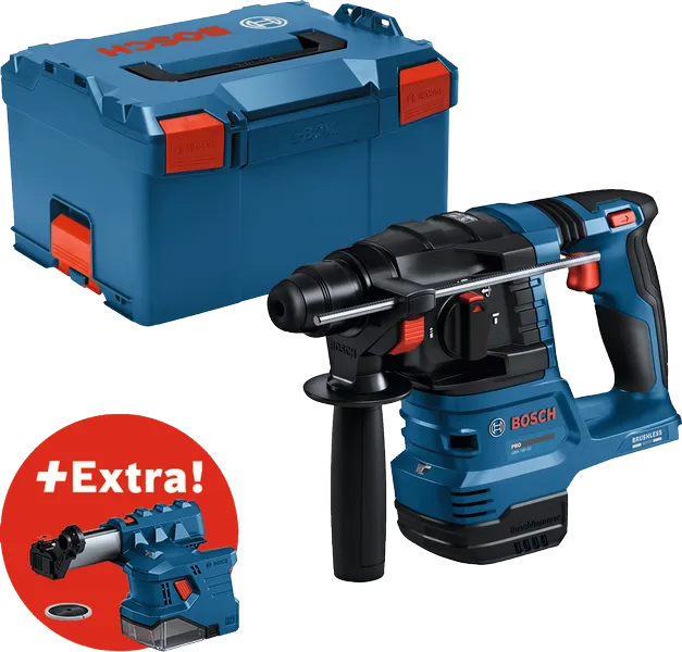 Bosch GBH 18V-22 borehammer med kuffert og støvudsuger.
