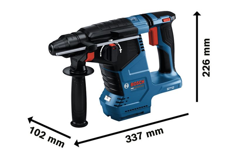 Bosch GBH18V-24 batteridrevet borehammer med dimensioner.