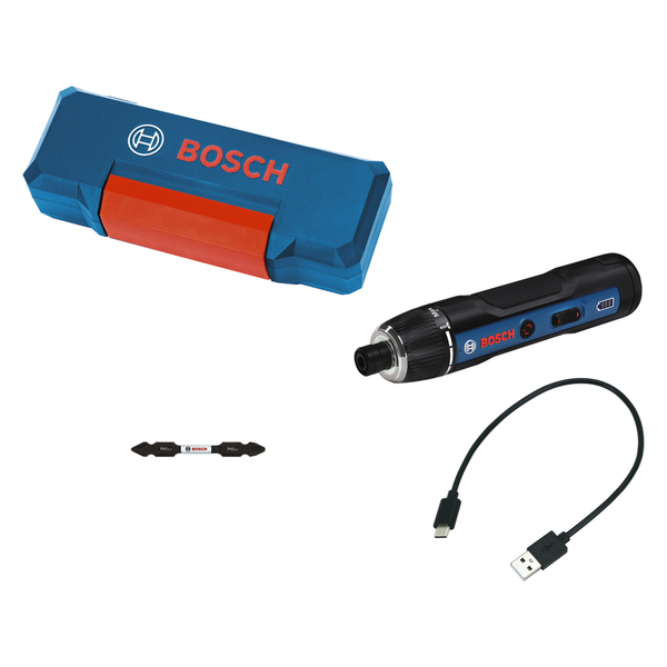 Bosch Go batteridrevet skruetrækkersæt med USB-kabel.