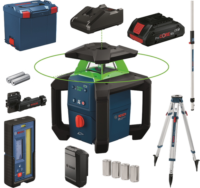 Bosch GRL18V-4-34CVG lasernivelleringsværktøj med tilbehør.