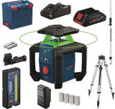 Bosch GRL18V-4-34CVG lasernivelleringsværktøj med tilbehør.