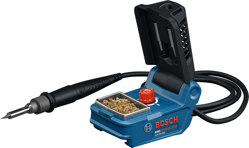 Bosch GLK18V-450 batteridrevet loddekolbe med rengøringspude.