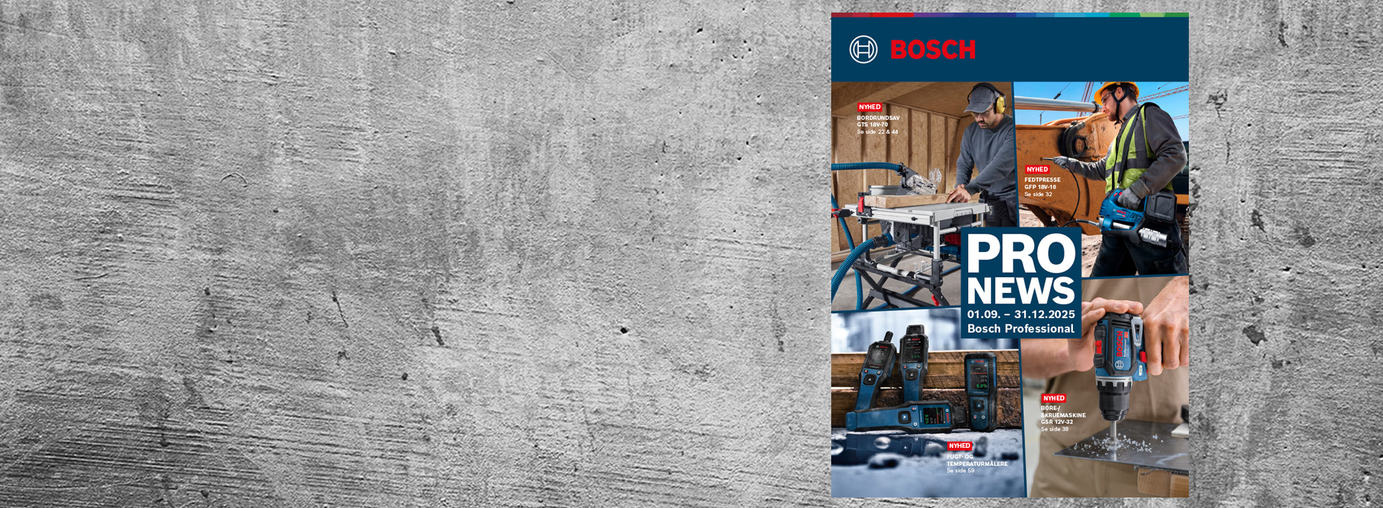 Bosch Professional værktøjer præsenteret på et gråt underlag.
