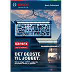En Bosch Professional katalog hænger fra en kran, der viser værktøjer og tilbehør i et industrielt miljø.